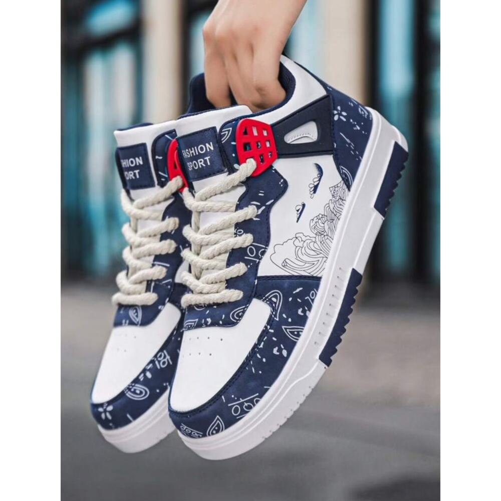 Size 11 men’s sneakers, high-top, strap, random print, flat sole, casual style